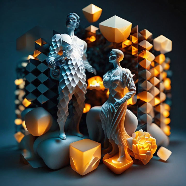 Classical statues with geometric shapes and plant in blue-orange gradient