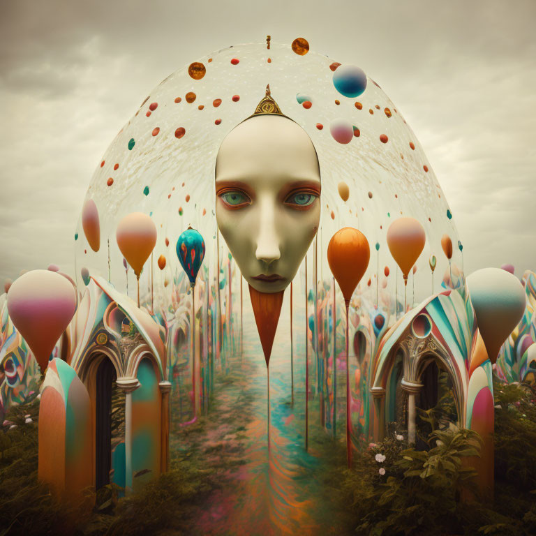 Surreal artwork: Giant face with third eye, floating teardrops, balloons, arched