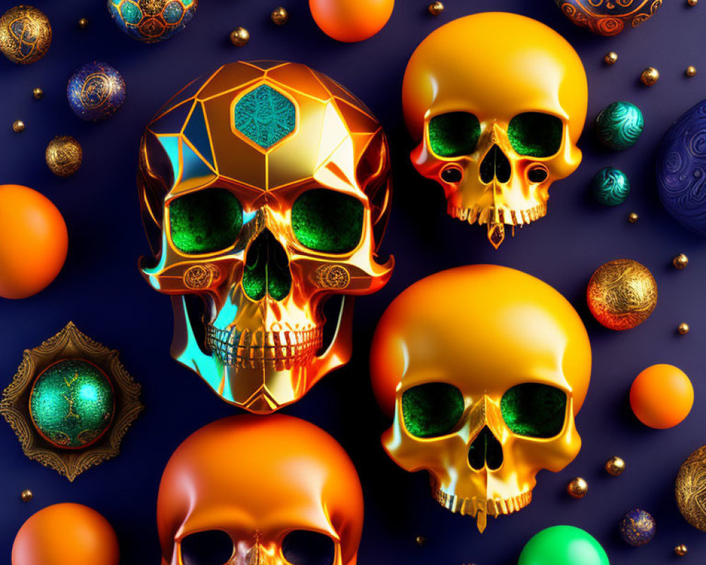 Vibrant human skulls and ornate spheres on dark backdrop