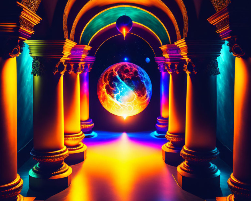 Ornate Arches and Cosmic Globe in Vibrant Corridor