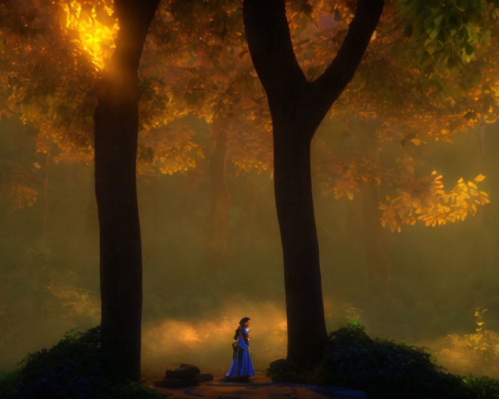 Animated character in misty sunlit forest with golden leaves