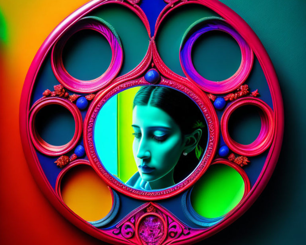 Neon-colored digital artwork: Woman's profile in mandala frame