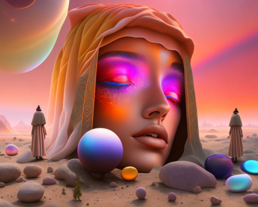 Colorful surreal landscape featuring giant woman's face, rockets, orbs, alien terrain, and pink sky