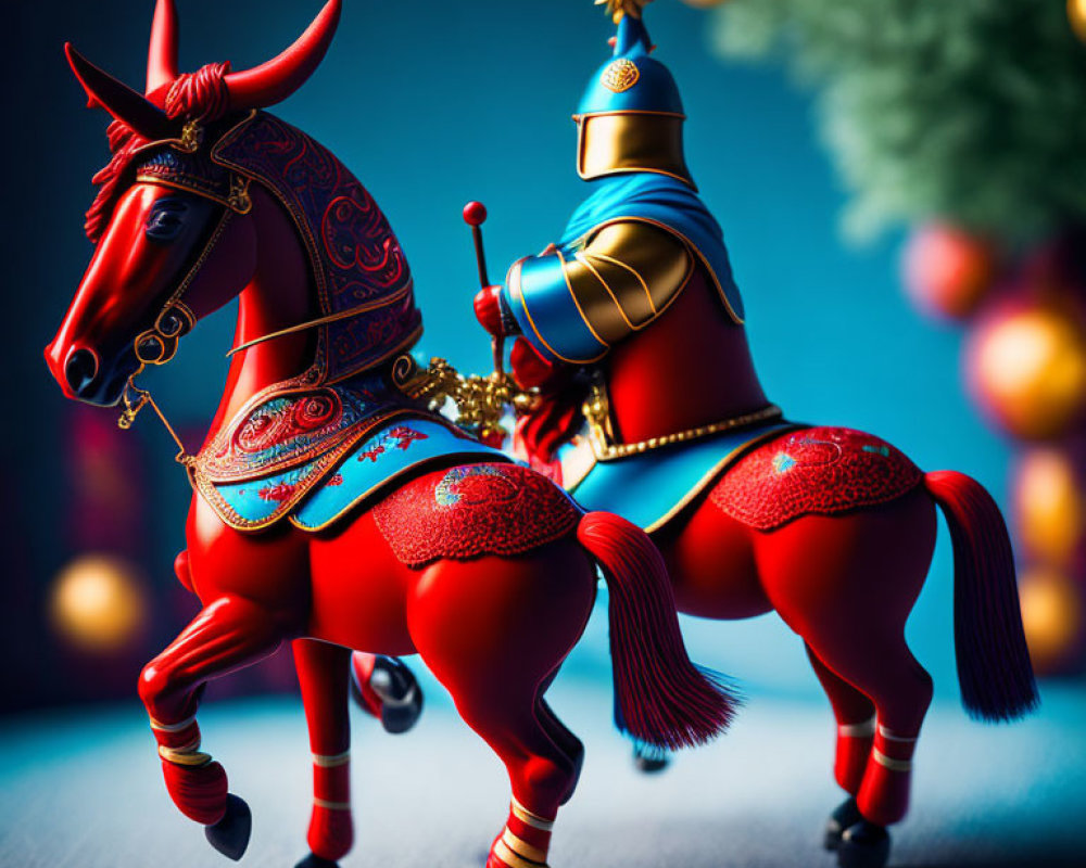 Red and Blue Christmas Carousel Horse on Dark Blue Background