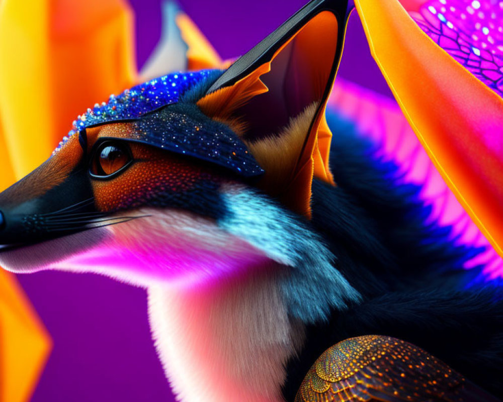 Colorful digital artwork: stylized anthropomorphic fox with intricate patterns