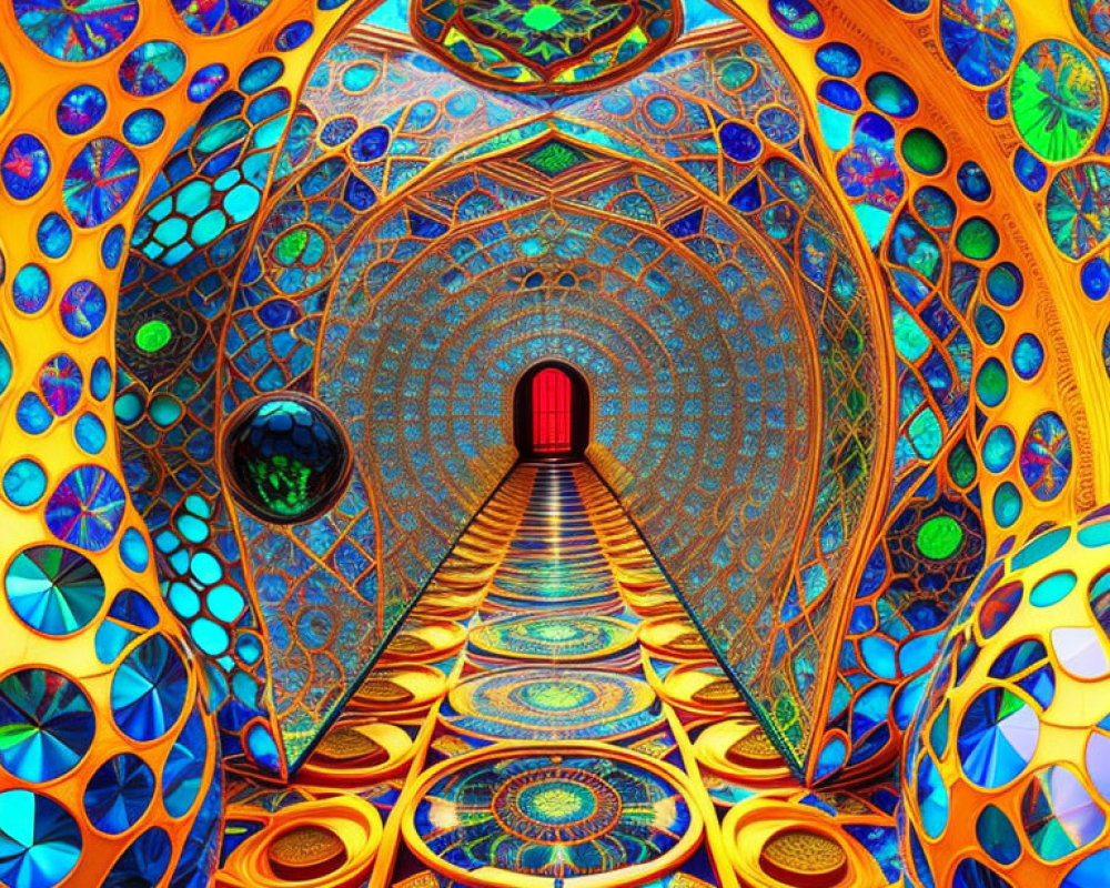 Colorful Fractal Art: Symmetrical Kaleidoscopic Tunnel with Red Archway