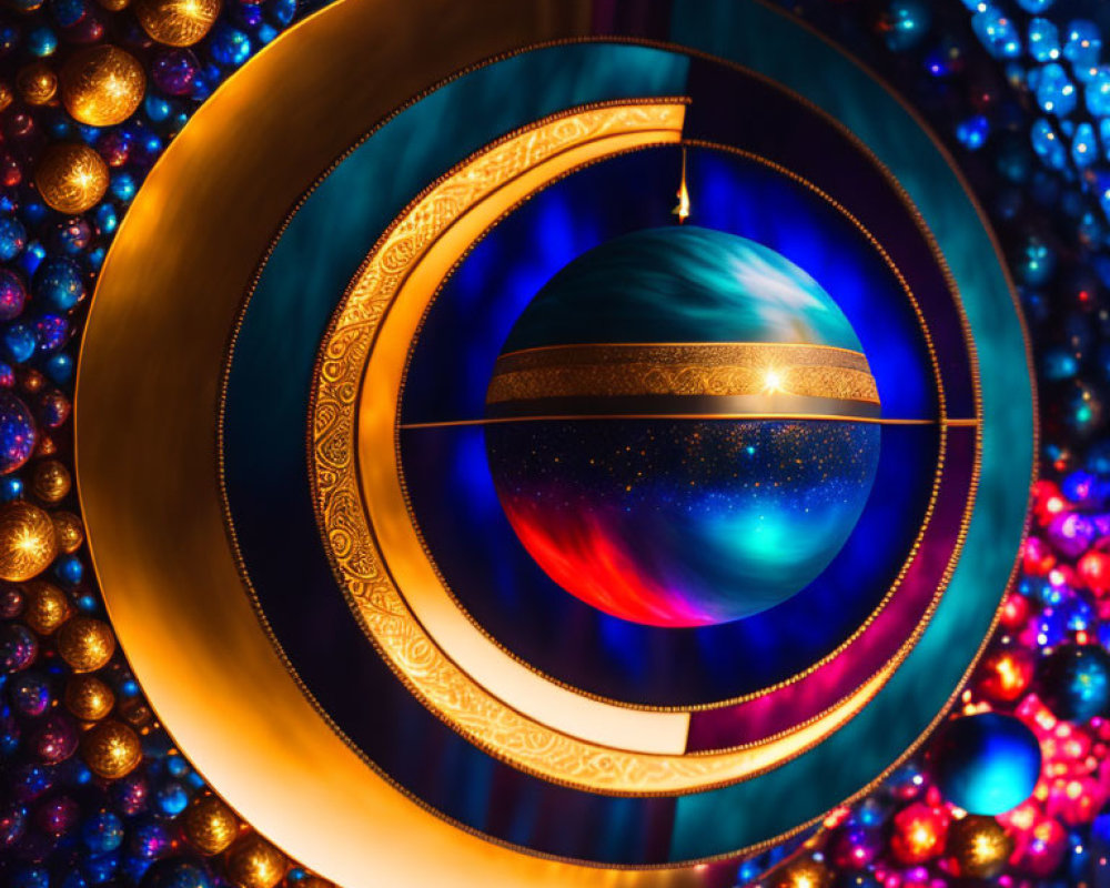 Colorful abstract art with concentric circles and celestial sphere on blue and red orbs.