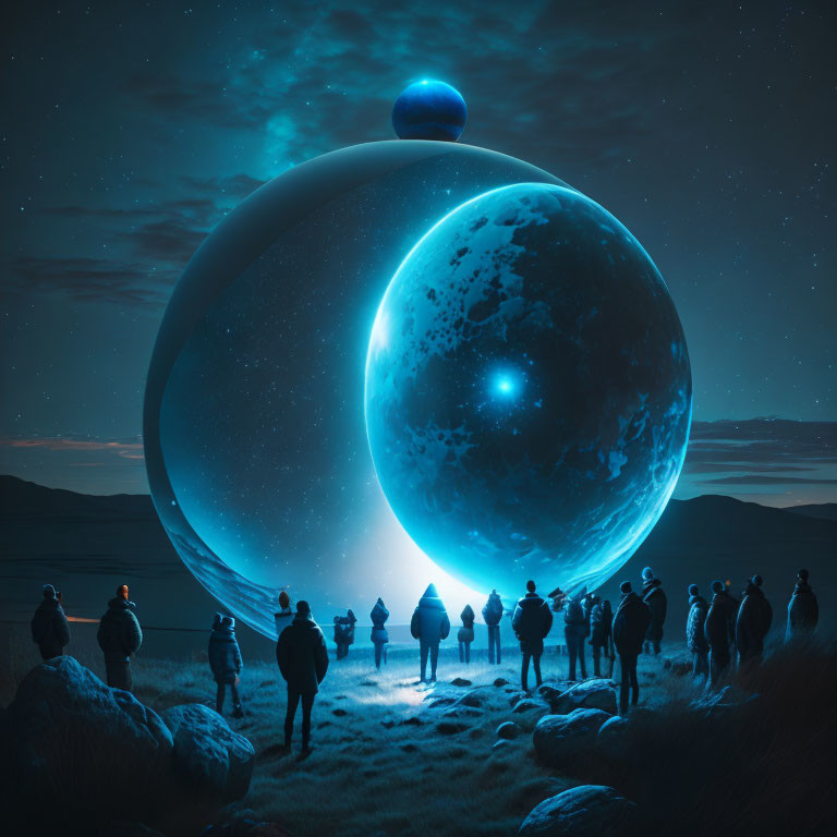 Group of people observing glowing celestial sphere at night