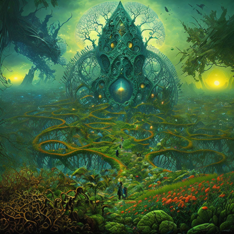 Intricate alien temple in fantastical landscape with glowing orbs