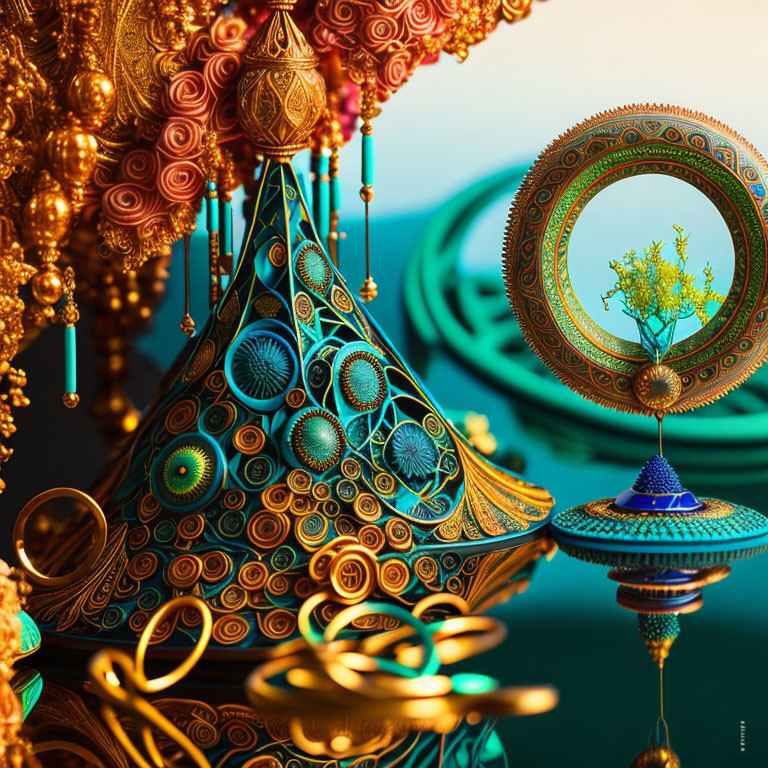 Surreal 3D artwork: Golden fractal patterns, ornate structures, floating ring,