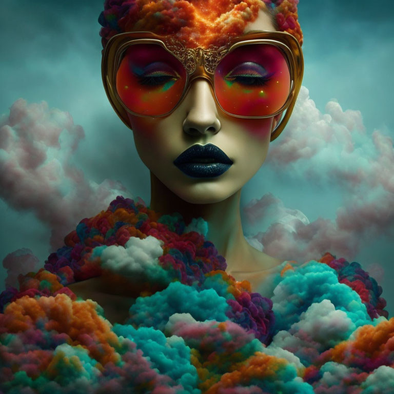 Vibrant orange eyewear on surreal portrait with colorful clouds