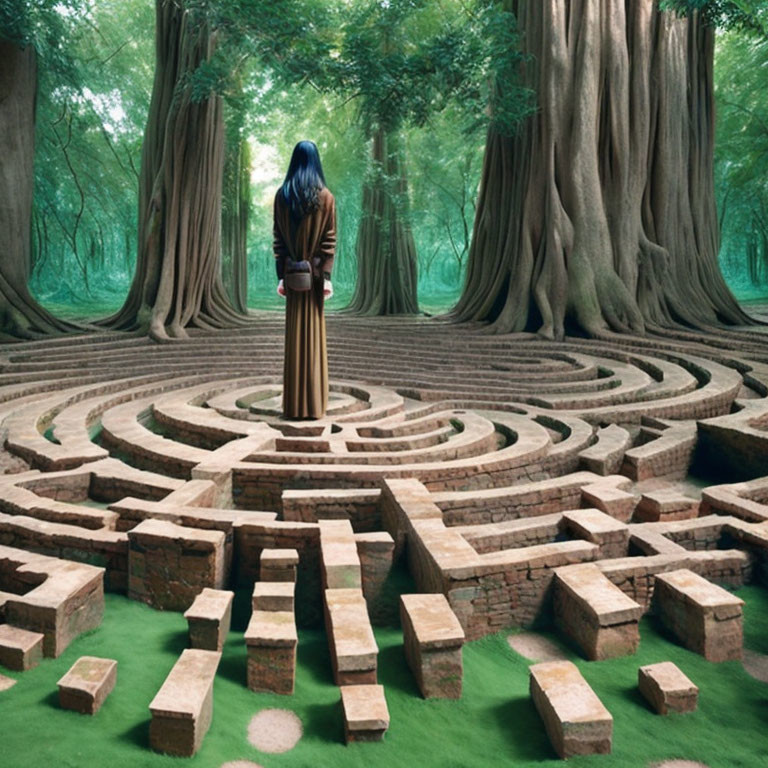 Circular Brick Labyrinth in Forest with Tall Trees and Green Foliage