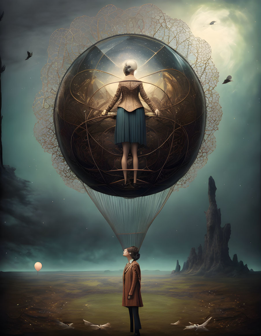 Person on hot air balloon carrying figure in ornate dome in surreal landscape.