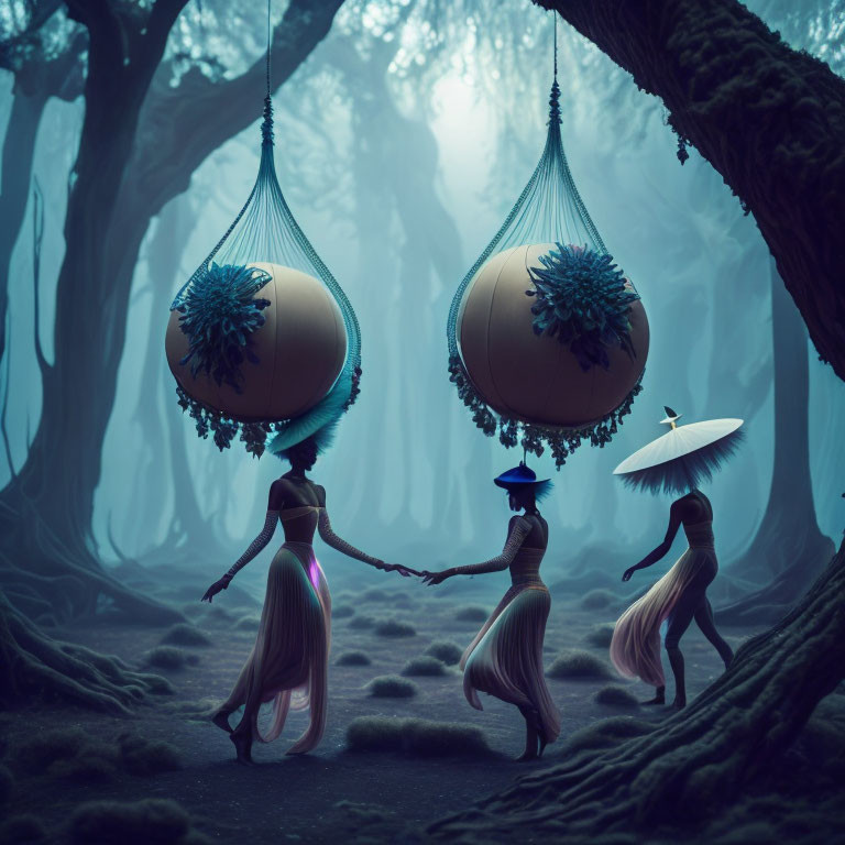 Ethereal figures in misty forest with surreal seed-like structures