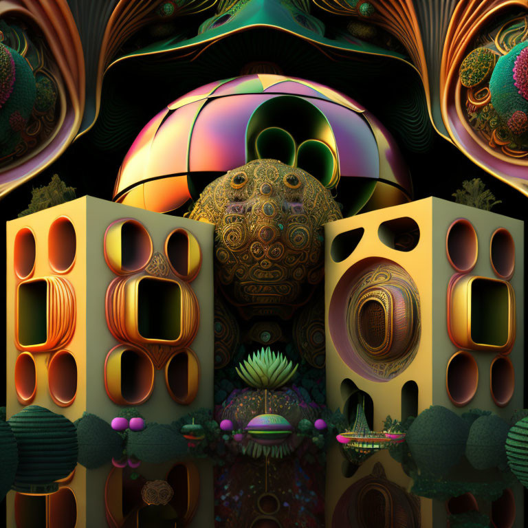 Vibrant 3D landscape with reflective surfaces and ornate structures