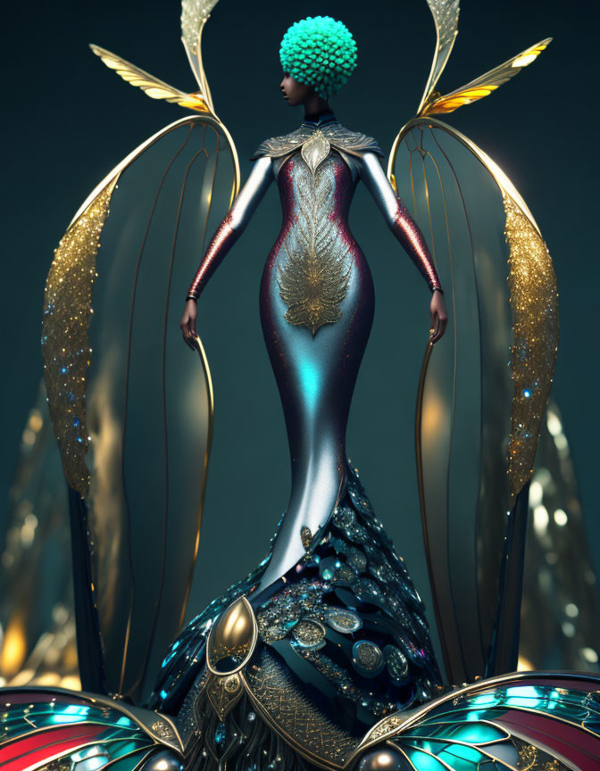 Elaborate Gold and Blue Costume with Peacock-Inspired Detailing