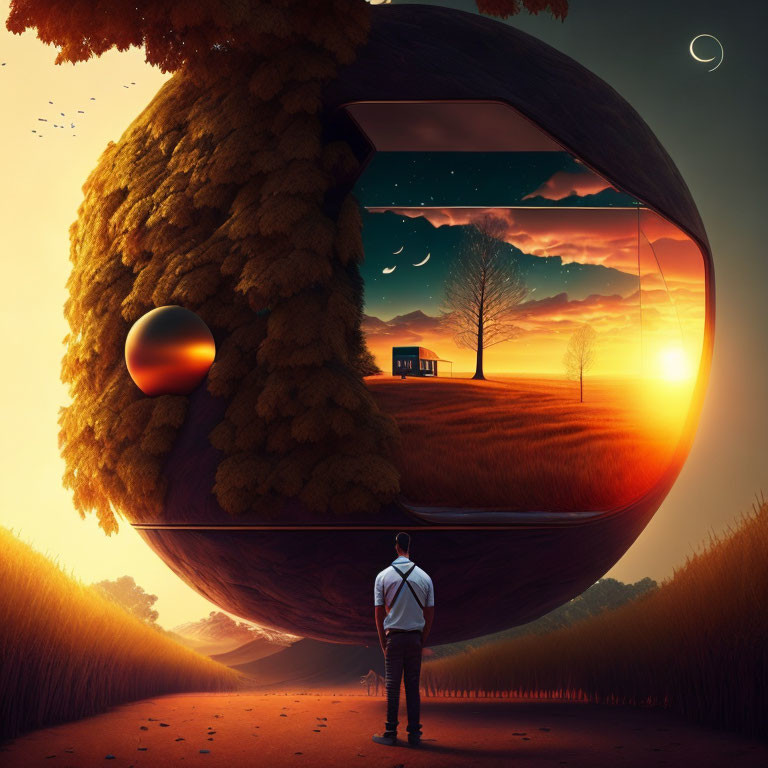 Surreal circular structure with tree under dreamy sunset