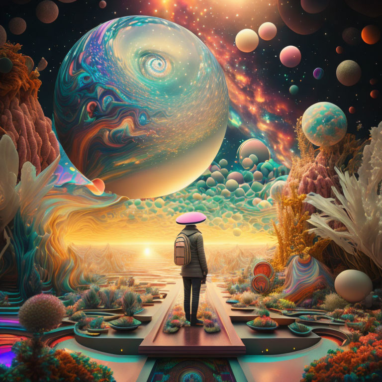 Person in colorful surreal landscape with oversized eye-planet