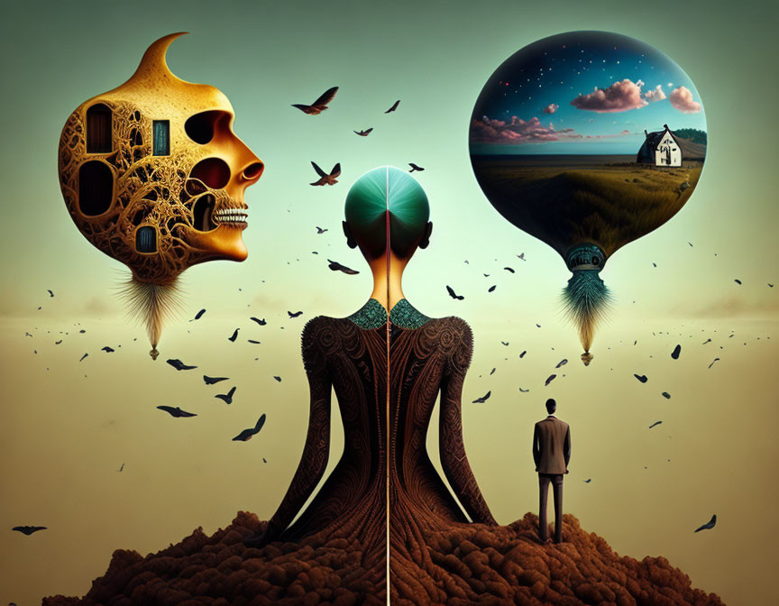 Surreal artwork: woman silhouette, floating sphere, man, birds, skull moon