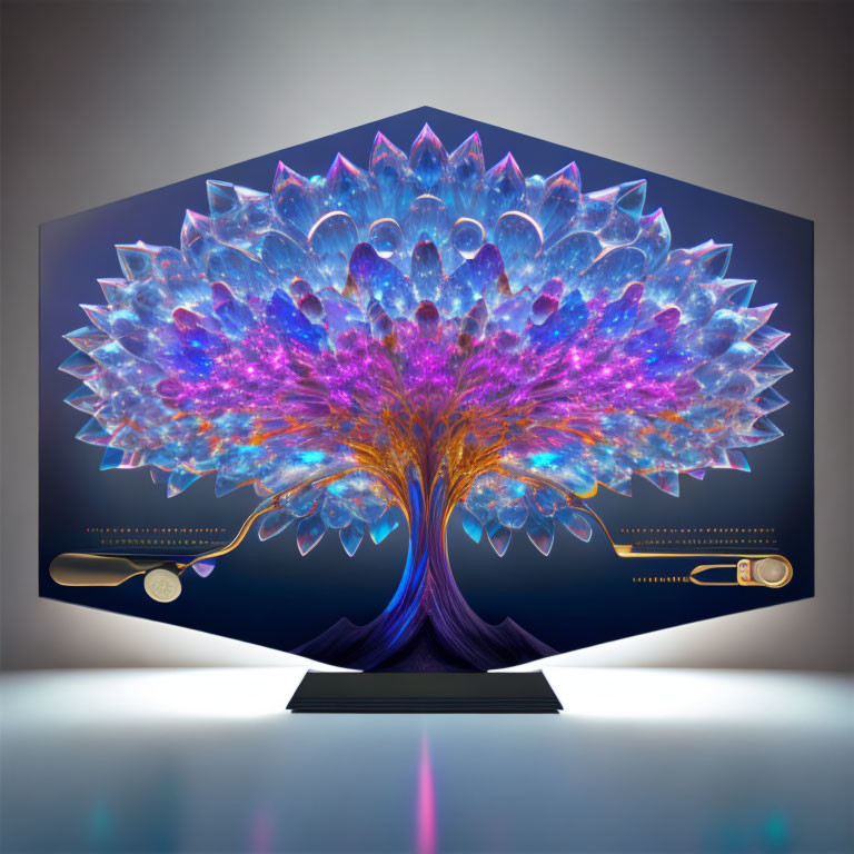 Colorful Tree Art Displayed on Curved Screen with Gaming Controllers