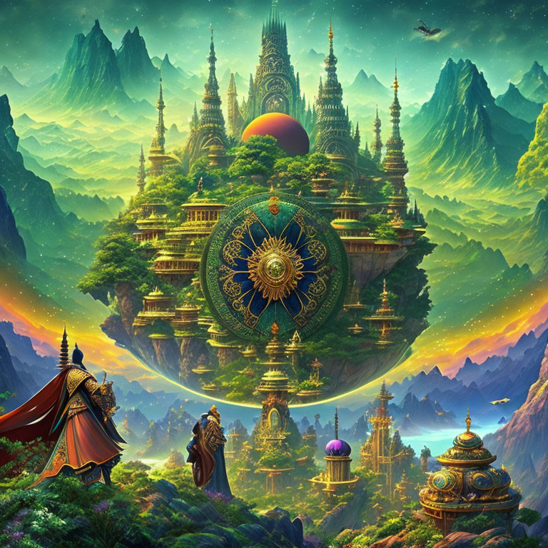 Fantasy landscape featuring floating cities, magical artifacts, robed figures, and misty mountains under eclipse