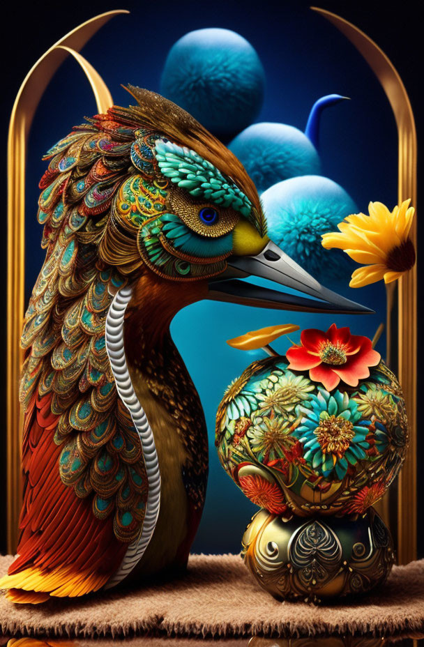 Colorful digital artwork: Stylized bird with ornate feathers and floral sphere on blue orbs.