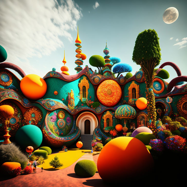 Colorful Landscape with Ornate Buildings, Intricate Designs, and Spherical Trees