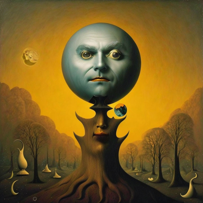 Surreal artwork: tree trunk body, floating stern head, yellow skies landscape
