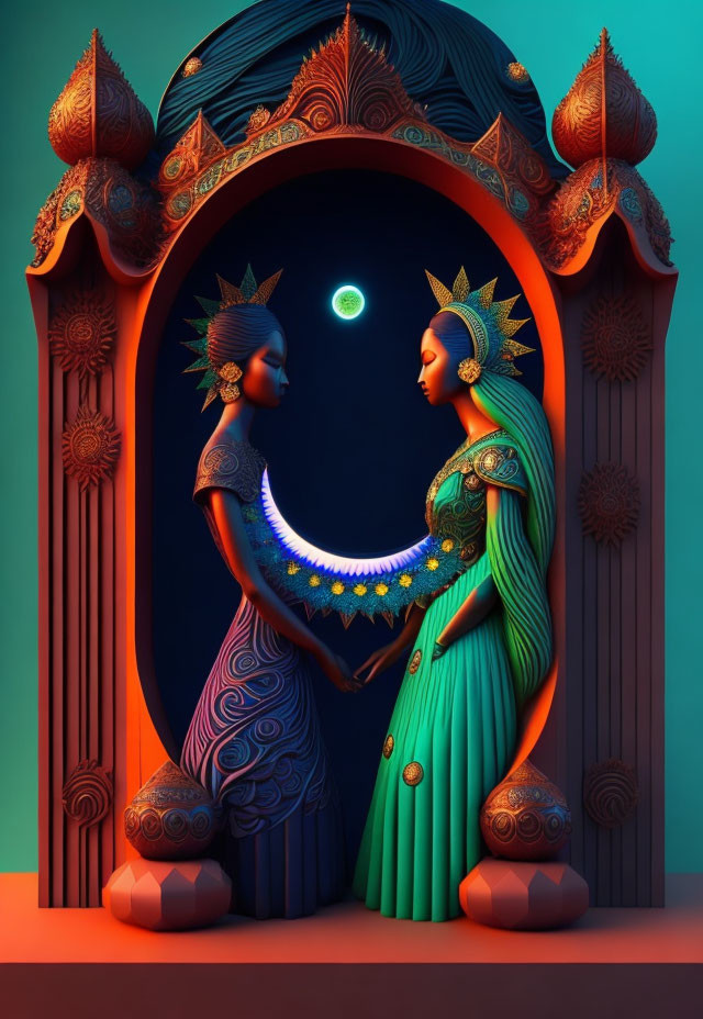 Stylized night and day figures under crescent moon and sun in ornate arch