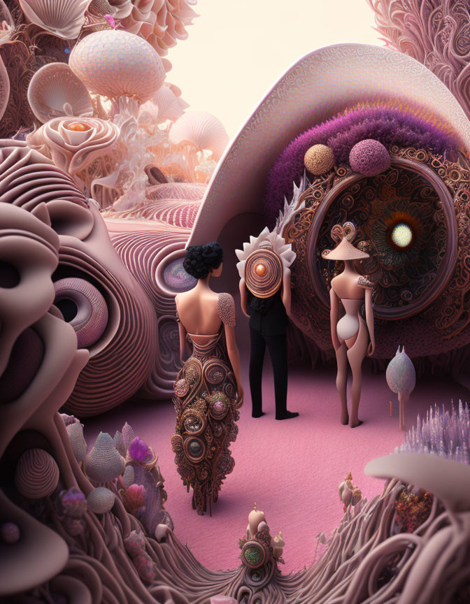 Pastel-toned surreal landscape with stylized human figures and marine flora shapes