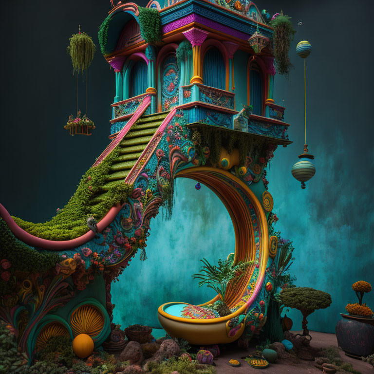 Colorful ornate structure with spiraling staircase and whimsical flora against teal backdrop