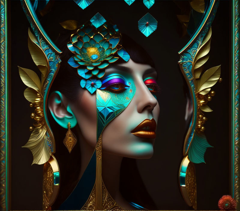 Elaborate Golden Headgear Portrait with Teal and Gold Makeup