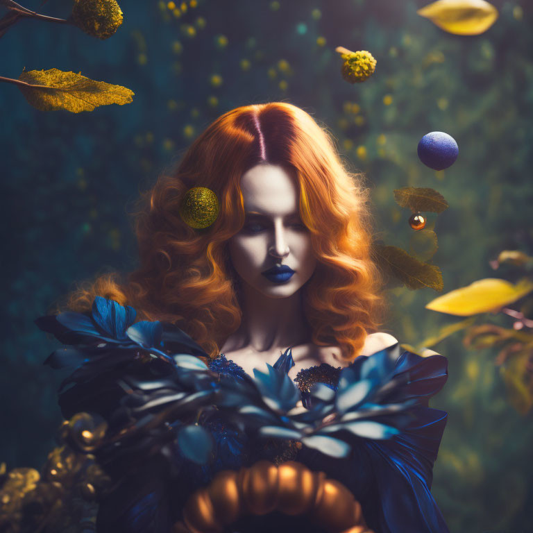 Vibrant red-haired woman in fantastical blue and golden setting.