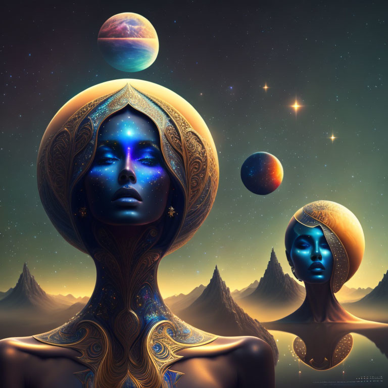 Cosmic entities with star-speckled skin and planet headdresses in surreal landscape