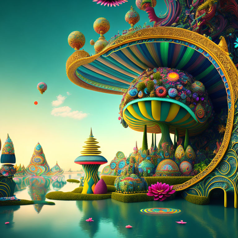 Colorful surreal landscape with ornate mushroom structures in water