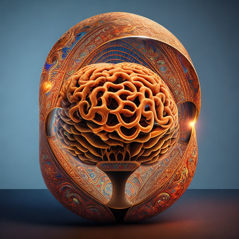 Digital artwork: Brain-like structure in ornate sphere on blue background