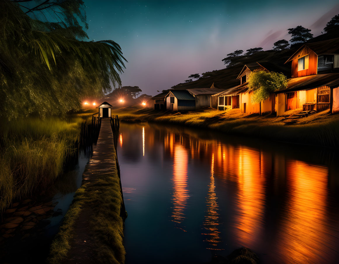 Twilight waterfront scene with rustic houses and tranquil river