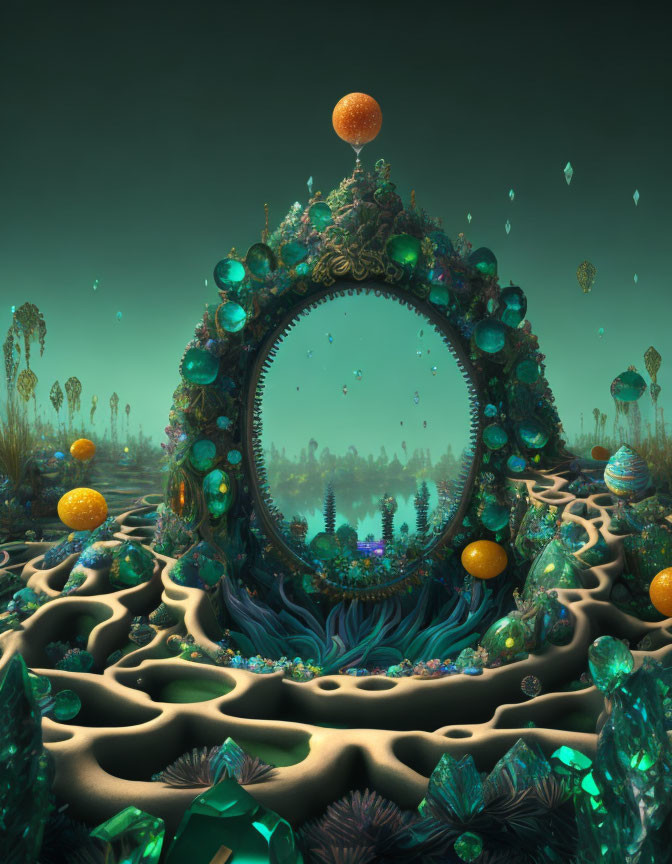 Ornate mirror with gemstones, spheres, and vines in mystical landscape