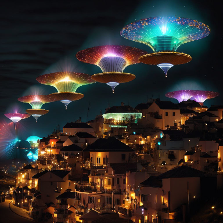 Vibrant UFO-shaped lights illuminate cityscape at night