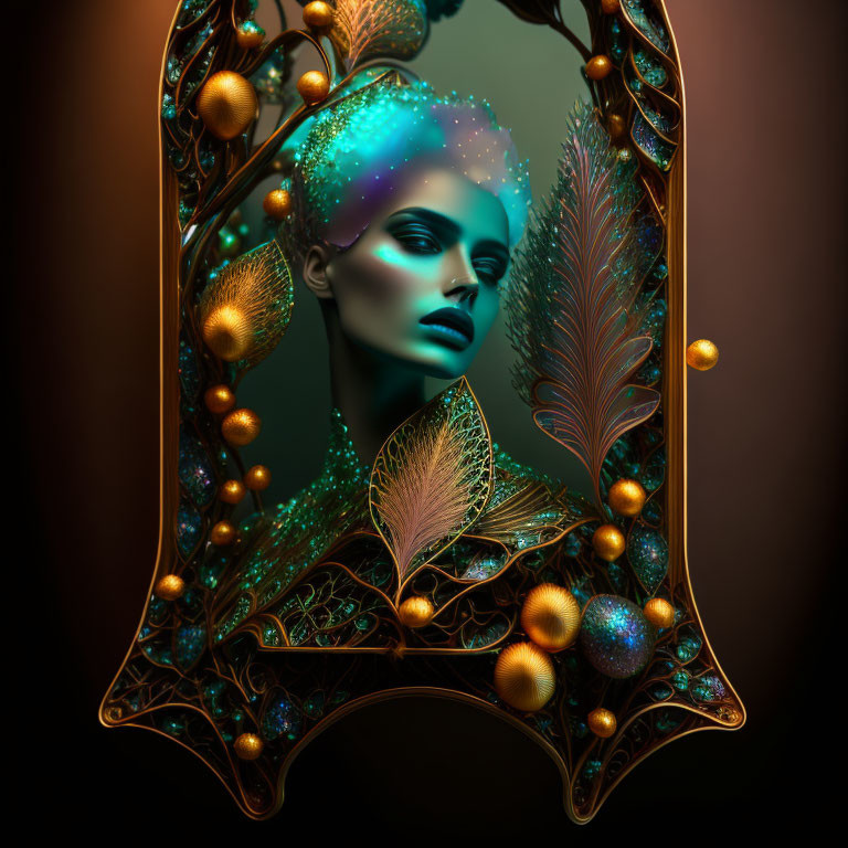 Surreal portrait of woman with glowing blue skin in ornate golden mirror