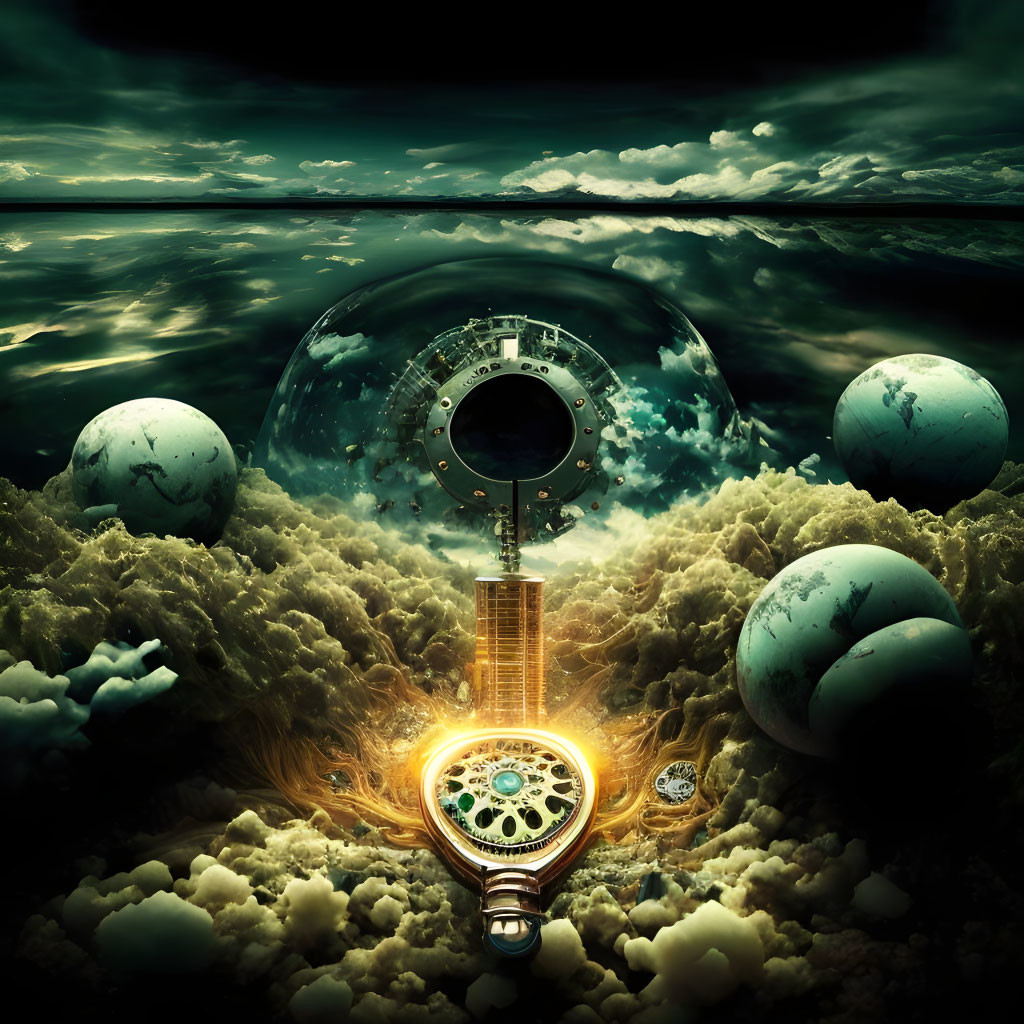 Surreal vault door on pillar with orbs, stormy sea backdrop