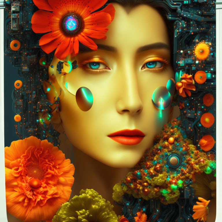 Digital art portrait: woman's face merges with vibrant orange flowers and blue circuitry