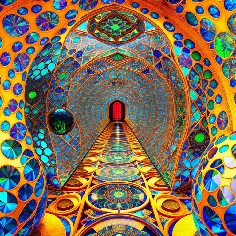 Colorful Fractal Art: Symmetrical Kaleidoscopic Tunnel with Red Archway