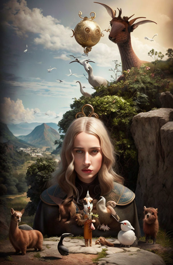 Surreal portrait of woman with pale hair and fantastical creatures in whimsical landscape