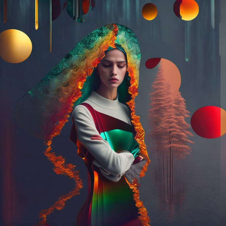 Colorful futuristic outfit woman with crossed arms in dreamlike setting