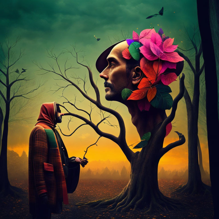 Surreal image of man's profile with flowers and forest scene