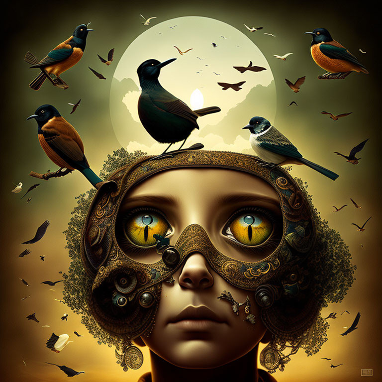 Surreal steampunk portrait with birds in moonlit setting