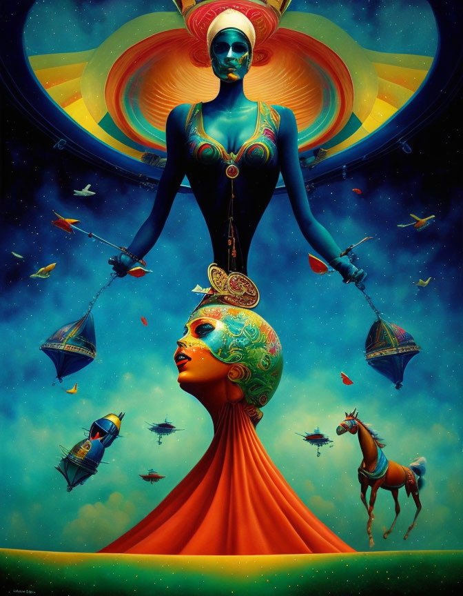 Surreal Artwork with Blue Figure, Planets, Hot Air Balloons, Horse,