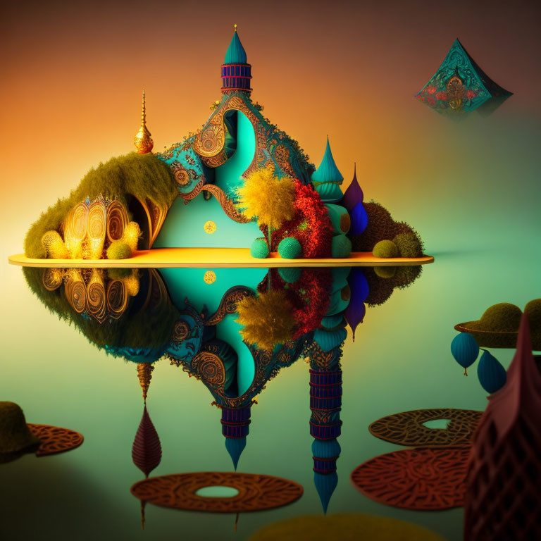 Fantasy landscape with floating islands and Eastern-inspired architecture.