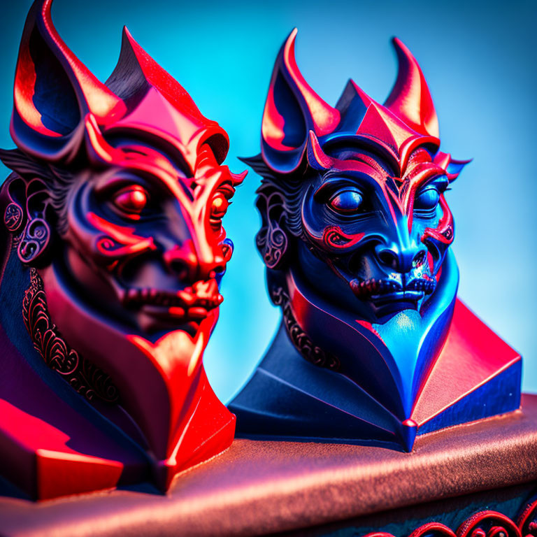 Stylized devilish masks with horns and intricate designs in red and blue lighting